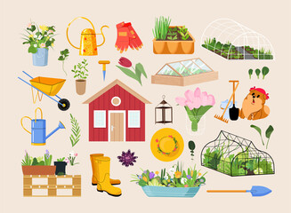 Garden and Spring elements set, flowers, house, Spitz dog, rubber boots, gloves and other. Perfect for scrapbooking, greeting card, party invitation, poster, tag, sticker. Vector flat illustration