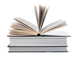 Books stack isolated on white background. Reading and turning pages. Learning new information and preparing for exams or research concept. High quality photo