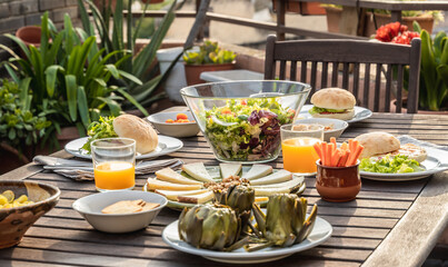 Table of Vegan meal outdoor at vegetarian restaurant - Health dinner food concept