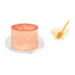 watercolor illustration of delicious fragrant pancakes on a plate and honey hand drawn on a white background
