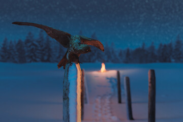 Fototapeta premium 3d rendering of female kestrel bird on wooden post at night