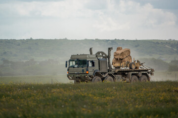 MAN SV 8x8 EPLS army logistics truck vehicle on military exercise, Salisbury Plain (SPTA) Wiltshire...