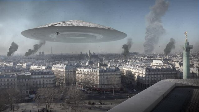 Alien ufo mothership over destroyed paris city
Massive spaceship over Paris France with Helicopter flying, alien invasion concept
