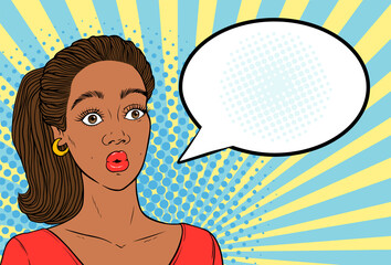 Pretty young African American woman shocked face with starry eyes and empty text cloud for your message, hand drawn vector illustration in retro pop art comics book style