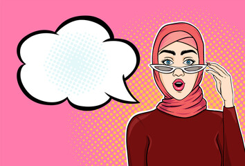 Trendy muslim woman in hijab and sunglasses shocked face with open mouth and text cloud for your message, vector illustration in retro pop art comics style.