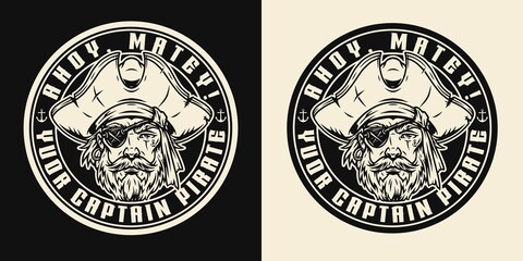 Round monochrome marine emblem with pirate face wearing hat and eye patch  isolated vintage vector