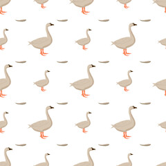 Vector illustration. Seamless pattern of gray goose and feather on a white background. For printing on textiles, paper products.