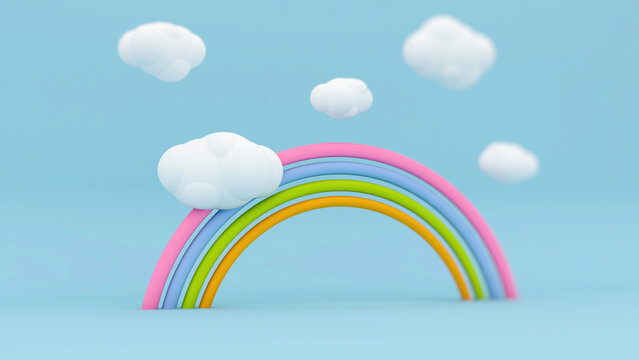 Cute candy rainbow with clouds, 3d illustration