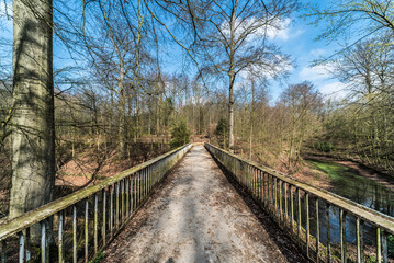 Fototapeta premium Straight lines of a deserted narrow pedestrian bridge over the valley of the Ossegem city park in Laeken