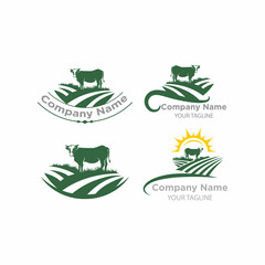 Farm animal logo set isolated on a white background. Vector symbol with farmhouse, cow and field for natural farm produce.