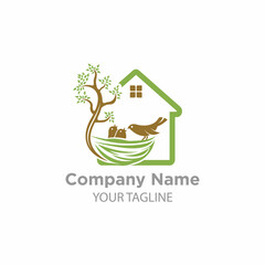 Illustration sign of the house built on the bird nest signifies a quiet and comfortable home inhabited logo design.