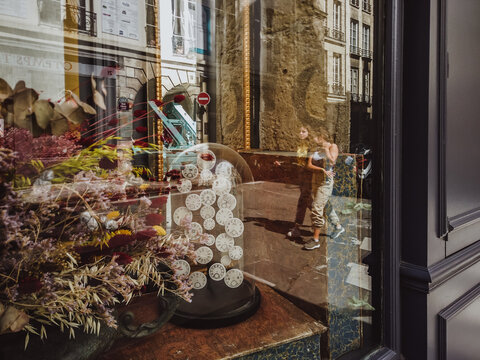 PARIS, FRANCE, June 6, 2019: Close-up photograph of decoration, antique and art store with dried floral in Paris.