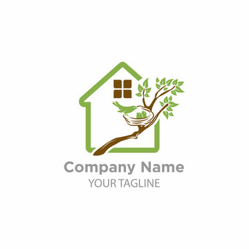 Illustration sign of the house built on the bird nest signifies a quiet and comfortable home inhabited logo design.