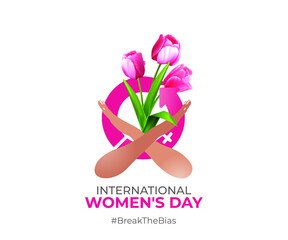International Women's Day Concept. Woman's Day Sign and Pink Tulip Flower Illustration. 2022 women's day campaign theme- #BreakTheBias