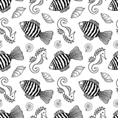 Seamless pattern with fishes, seahorses and shells. Black and white hand drawn vector illustration. Seamless background. Wallpaper design. Fabric design. Simple vector pattern with cute fishes.