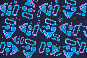 abstract pattern with bright colors of the 90's with the effect of paper on a dark background