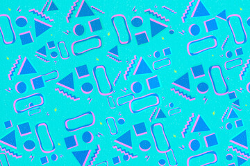 abstract pattern with bright colors of the 90's with the effect of paper on a bright turquoise background