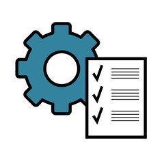 Obraz premium Clipboard with gear icon. Technical support check list isolated on white background. Management business concept, vector illustration