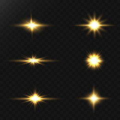 Glow of golden sparks of light on a transparent background. Blurred vector sequins design collection. Explosion flash, sun, flash and bright cloud.	