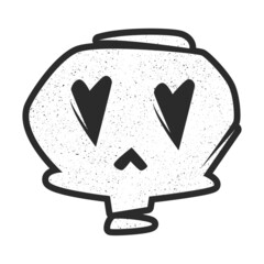Stylized funny black and white splattered skull with heart shaped eyes in punk rock style, tattoo design