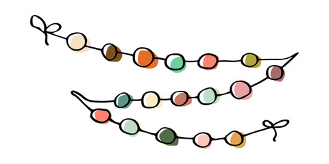 Vector hand drawn colorful light bulb garland. Cute doodle illustration isolated on white background. Celebration clipart for greeting cards, print, web, design, decor.