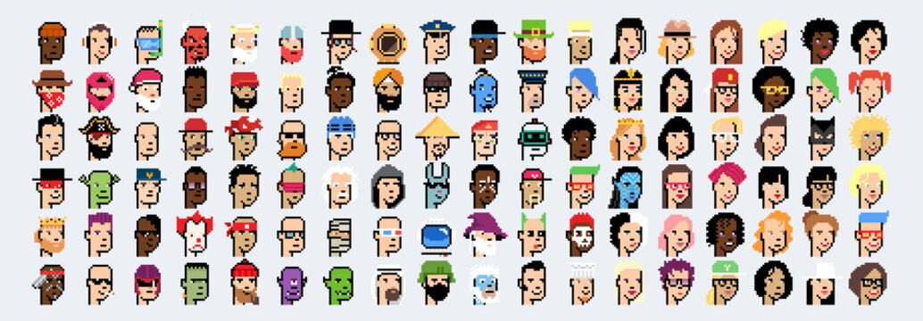 Pixel avatars. Set of 8-bit character. Isolated male and female heads