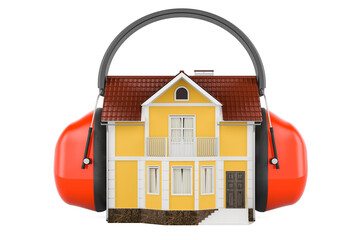 House with ear defenders. Protection against noise, concept. 3D rendering - obrazy, fototapety, plakaty