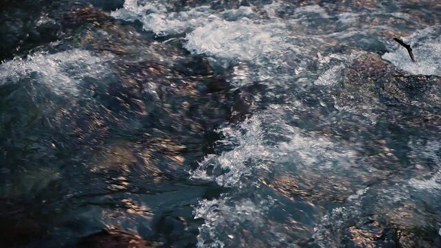 Slow motion of Norwegian mountain river , stream flowing through rocks. Close up of river stones with flowing water, clean water flowing in a mountain river at the Norway