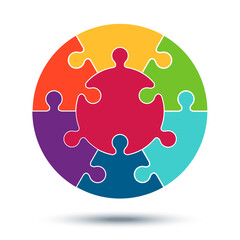 Round puzzle pieces. Blank vector template. Seven colored connected elements. Free fields for your context. Concept of business solutions and teamwork.