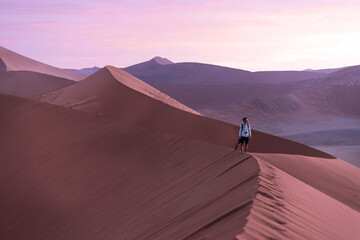 Man walking over sand dunes in Namibia at sunset - obrazy, fototapety, plakaty