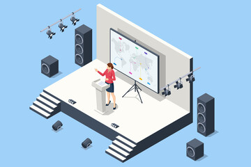 Isometric stand for press conference with microphones, equipped place for the speaker in front of journalists. Audience listens to the lecturer at the conference hall
