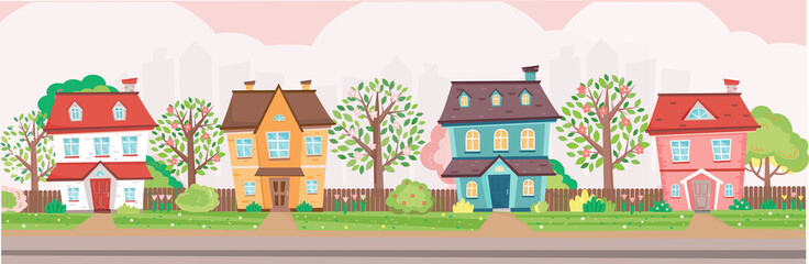 Obraz na płótnie Canvas Spring season in the town. Colorful cottages surrounded by trees and bushes in blossom. Spring at town, village, suburb. Horizontal banner. Vector illustration in flat cartoon style.