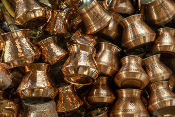 Copper bazaar in Turkey. Traditional and handmade Turkish coffee pots.