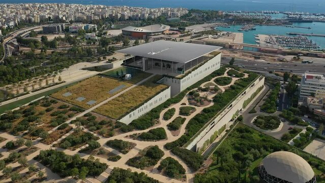 Aerial drone video of SNCF building of Cultural Centre and Foundation of Stavros Niarhos that also hosts National Opera in Faliro area, Athens riviera, Attica, Greece
