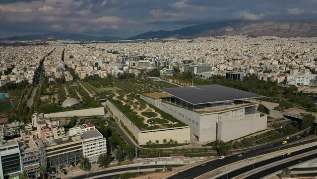 Aerial drone video of SNCF building of Cultural Centre and Foundation of Stavros Niarhos that also hosts National Opera in Faliro area, Athens riviera, Attica, Greece