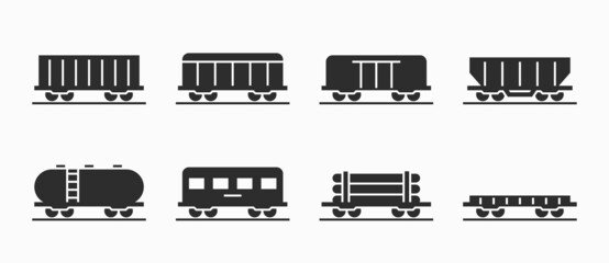 train wagon icon set. railway freight cars. isolated vector images - obrazy, fototapety, plakaty
