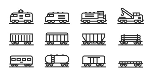 locomotive and wagon line icon collection. train, repair train and railway freight cars