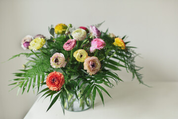 Multicolor ranunculus in a vase on a white background