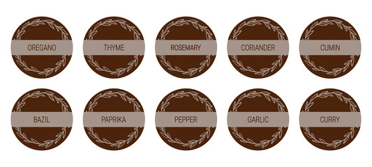 Brown cardboard labels for spices. Round food stickers with a floral frame. For marking food containers. Vector set