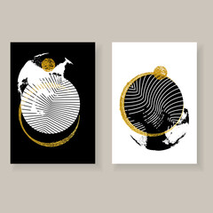Set of minimal elegant wall decor posters. Black, white and gold brush strokes with grunge texture and geometric shapes. Creative templates for parties, cards, posters, covers, labels, home decor.