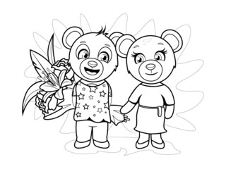 Coloring page. A cheerful and happy boy bear stands near a cute bear girl and holds a bouquet of flowers