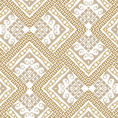 Gold zig zag seamless pattern. Greek key meanders chevron background. Tribal ethnic repeat Deco backdrop. Golden geometric zigzag ornament with waves, mazes. Trendy design. Endless texture. Vector