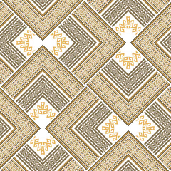 Gold zig zag seamless pattern. Greek key meanders chevron background. Ornate repeat Deco backdrop. Golden geometric zigzag ornaments. Modern symmetrical abstract design. Endless texture. Vector