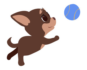A small puppy is playing with a ball. Training and education of a small pet. Flat vector illustration. Eps10