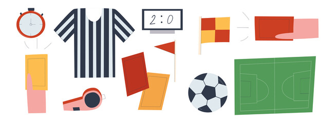 Game set of football items. Referee shirt, penalty cards, ball, goal, whistle, flags, stopwatch. Flat vector illustration. Eps10