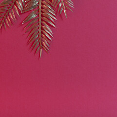 Simple and modern square composition of golden palm tree leaves on a vivid deep pink background.