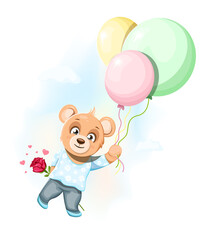 Cute bear holding a rose and flying with balloons in the sky