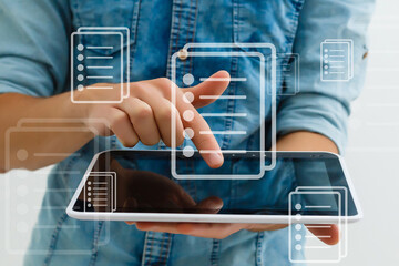 Fototapeta premium man signing contract with phone hologram. Concept of international business.