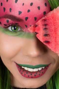 Watermelon smiling woman fantasy makeup portrait