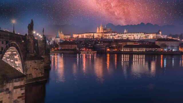 Prague skyline aerial view at night, prague old town catle view bridge and river